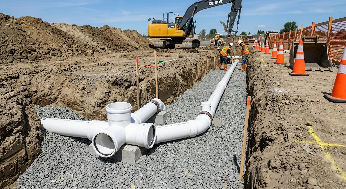 New PVC sewer pipe installation in open trench for Sewer Backup in Anderson Creek