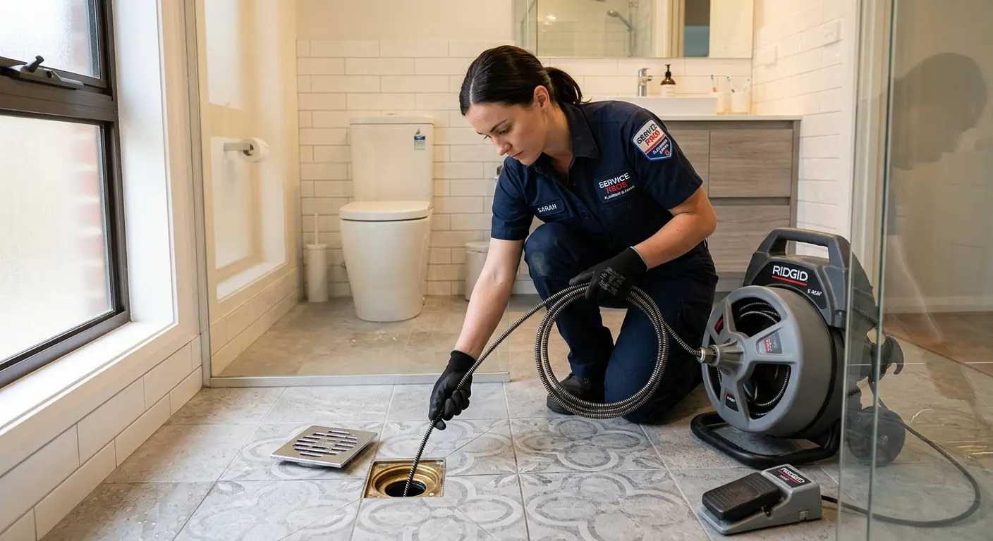 Technician clearing a bathroom floor drain for Drain Repair in Anderson Creek
